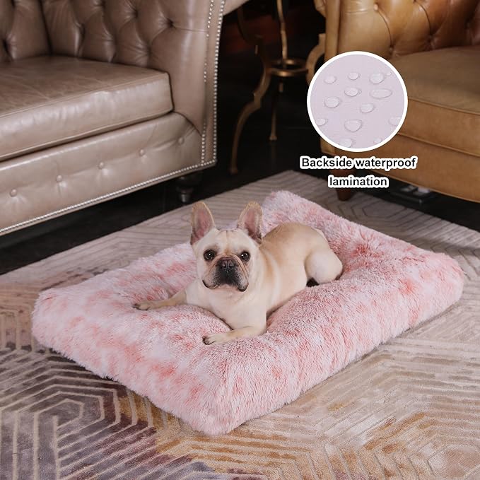 Bedfolks Waterproof Crate Bed for Dogs, Plush Kennel Pad with Removable Washable Cover, Faux Fur, Large (35"x23"), Pink - Image 2