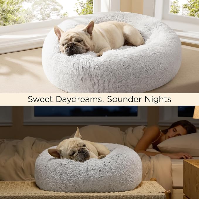 Bedsure Calming Dog Beds Large Sized Dog Donut Washable Pet Bed,36ins | Fluffy Faux Fur Round Cuddler,with Removable Washable Cover,Anti-Slip Bottom,Anti-Anxiety,for Pets Up to 80 Lbs,Frost Grey - Image 4