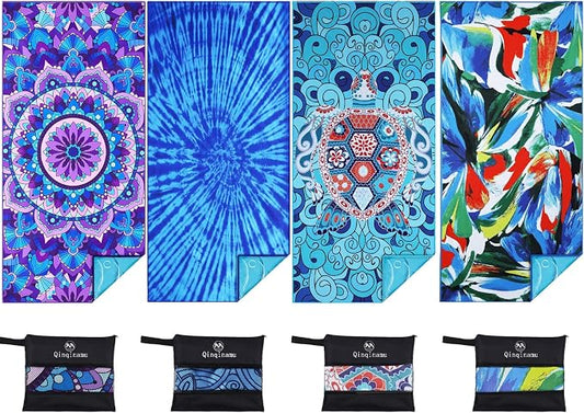 4 Pack Microfiber Thin Lightweight Beach Towel Oversized 71x32 Extra Large Sand Free Towels for Travel Swim Pool Yoga Gym Camping for Adults Women Men Beach Essentials Accessories Vacation Gift by Qinqinamu