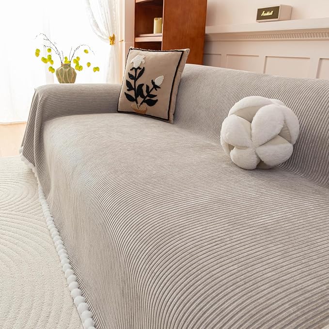 Gray Chenille Couch Cover for Pets, Washable Striped Geometric Sofa Cover for 3 Cushion Couch, Boho Sofa Slipcover for Living Room, Thick Sectional Furniture Protector with Cute Pom Pom Edge-71x150IN - Image 8
