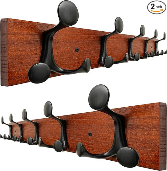 SKOLOO 24-Inch Cherry Wood Coat Rack Wall Mount with 5 Triple Hooks - Ideal for Family Entrances, Classrooms, and Pet Supplies Storage - Perfect Coat Hooks for Wall, Pack of 2 by SKOLOO