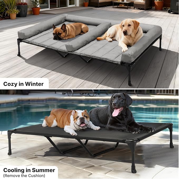 Veehoo Elevated Dog Bed for Two Dogs, Cooling Raised Dog Bed with Removable Waterproof Bolster Mat, 59" x 37.5" Double Dog Bed, Outdoor & Indoor Pet Cot with Breathable Mesh, Non-Slip Feet, Grey - Image 5