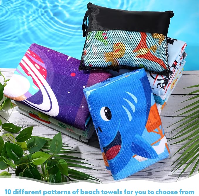 Tingjoo 24 Pcs Kids Microfiber Beach Towel Set 8 Beach Towels Bulk with 8 Storage Bags 8 Beach Ties 30" x 60" Unicorn Mermaid Dolphin Flamingo Quick Dry Towel for Pool Swim Bath Picnic Camping (Boys) - Image 4