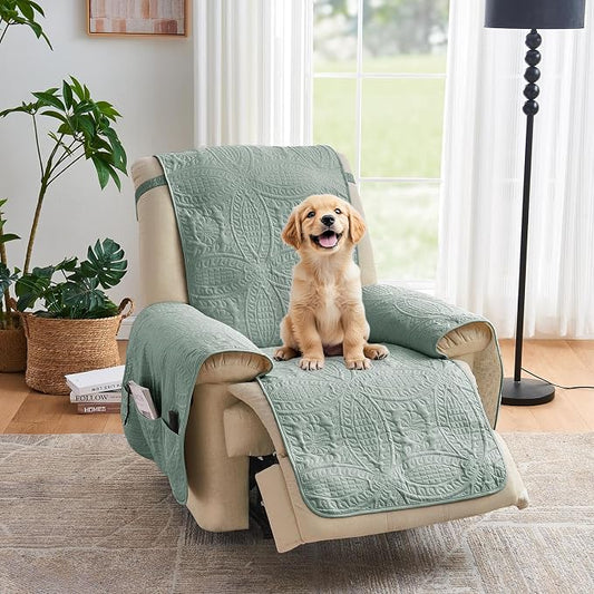 Quilted Recliner Covers, Water-Repellent Recliner Slipcovers, Recliner Covers Stay in Place, Pet Friendly Recliner Cover for Dogs, Washable Chair Protector (Recliner 22", Sage Blue) by Pamhaven