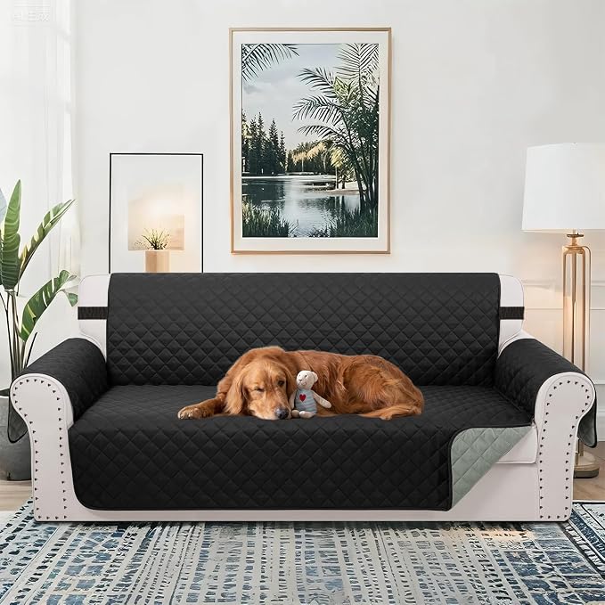 Reversible 4 Seater Sofa Cover 91" Large, Sofa, Black/Grey | Couch Cover Furniture Protector with Foam Sticks Elastic Straps Furniture Protector for Pets Children Dog Cat - Image 2