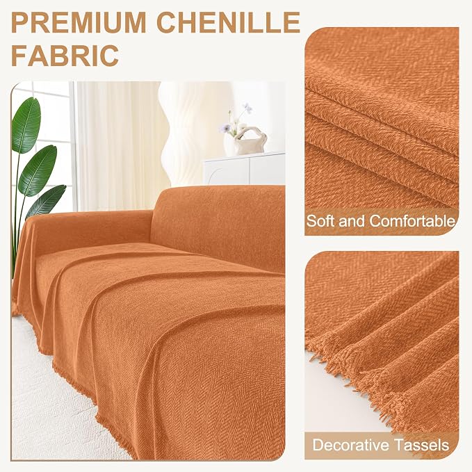 Smiry Couch Cover for Dogs, Chenille Sofa Covers for 3 Cushion Couch | Washable Soft Sofa Slipcover for Pets, Thick Sectional Furniture Protector with Tassels (Orange, 88.5x118 Inch) - Image 2