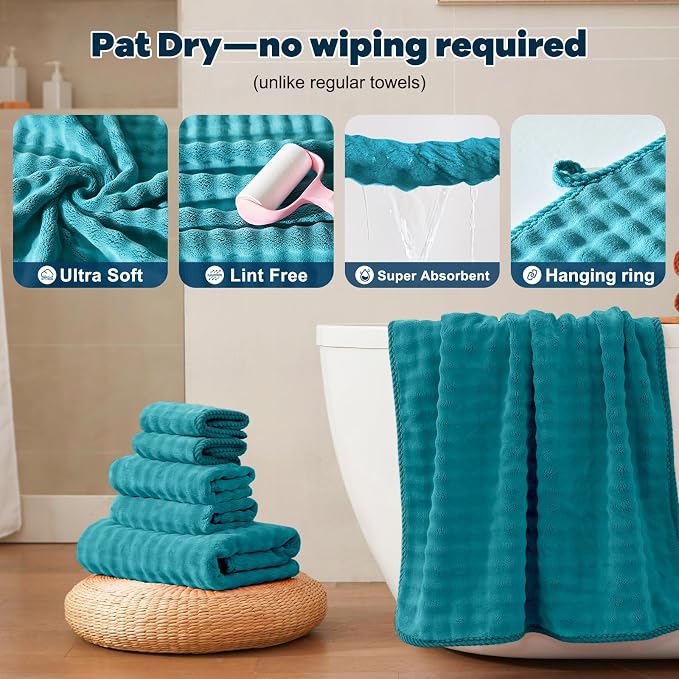 COZYART Lint Free 8 Pcs Bathroom Towels Set Ultra Soft Microfiber Teal | Ultra Fluffy, Thick, Highly Absorbent, Quick Dry, No Shedding, No Pilling, Fade Resistant, Durable, Long-lasting - Image 3