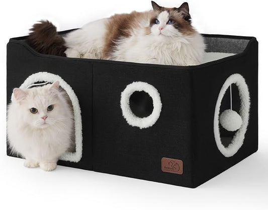 Bedsure Extra Wide Cat House Bed with Fluffy Ball and Scratch Pad,Black | 23.6x16.9x13 in,Indoor cat cave for multiple pets, Foldable cat hideway cube for sleeping large cat and kitten by Unknown