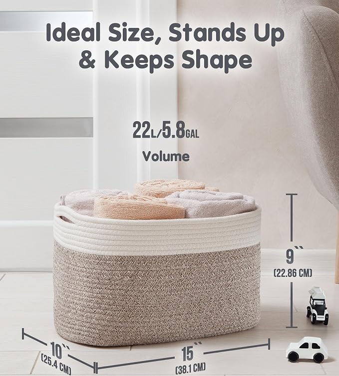 CHAT BLANC Cotton Rope Baskets for Organizing | Storage Baskets for Shelves | Rope Basket for Storage, Small Laundry Baskets, Woven Baskets for Storage, Dog Toy Bin, Baby Basket,Off White&Brown 3 Pack - Image 2