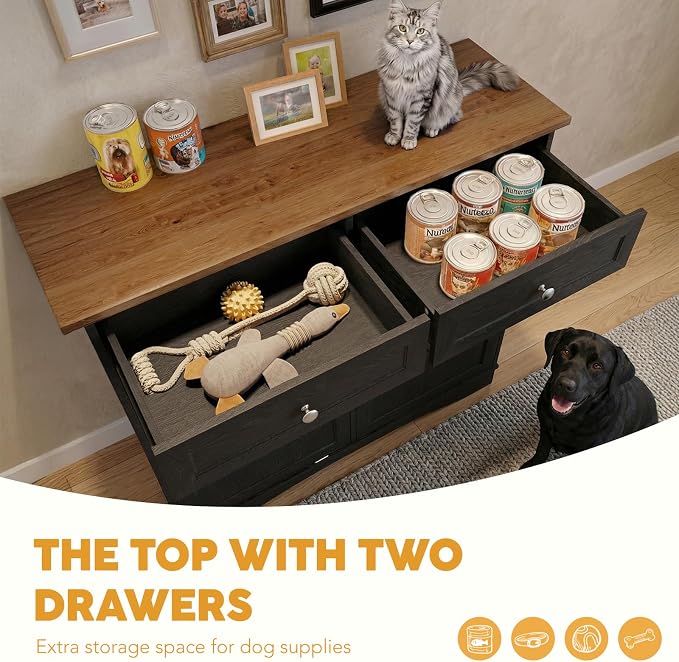 39.7’’W Dog Feeding Station, Tilt-Out Dog Food Cabinet for Multi-Pets, Pet Feeder Station with 4 Feeding Bowls, Dog & Cat Storage Organizer with Hanging Rod, (Black, Dual Doors) - Image 3