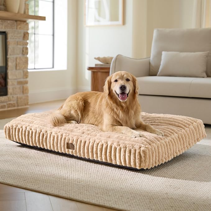 Bedsure ComfyFleece™ Fluffy Balanced Support XL Dog Bed,47x29 | Golden Ratio Chopped Foam & PP Cotton, Home Decor,Waterproof Liner, Removable Washable Cover, Nonslip Bottom,Sandy Beige by BEDSURE
