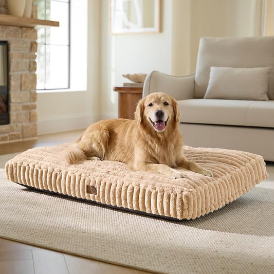 Bedsure ComfyFleece™ Fluffy Balanced Support XL Dog Bed,47x29 | Golden Ratio Chopped Foam & PP Cotton, Home Decor,Waterproof Liner, Removable Washable Cover, Nonslip Bottom,Sandy Beige by BEDSURE