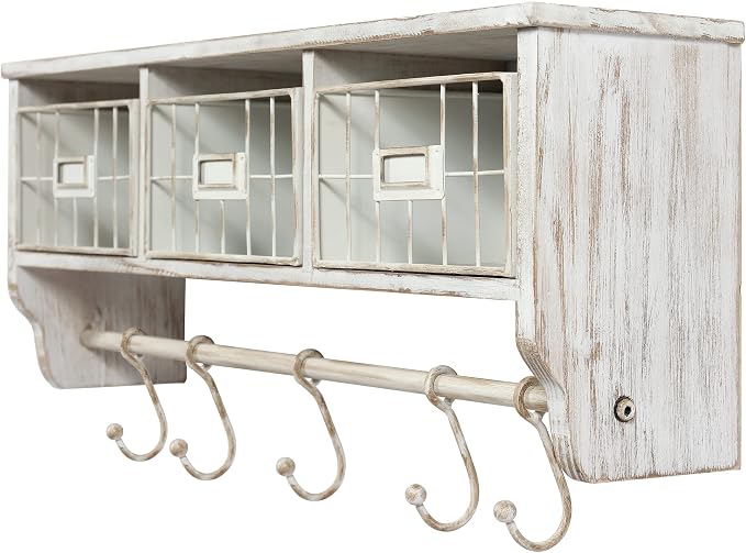 HBCY Creations Wall Mounted Shelf with Coat Hooks and Baskets, Solid Wood Entryway Organizer Wall Shelf with Hooks - Hang Coats, Keys or Coffee Mugs, Rustic Whitewashed 24" Wide - Image 7