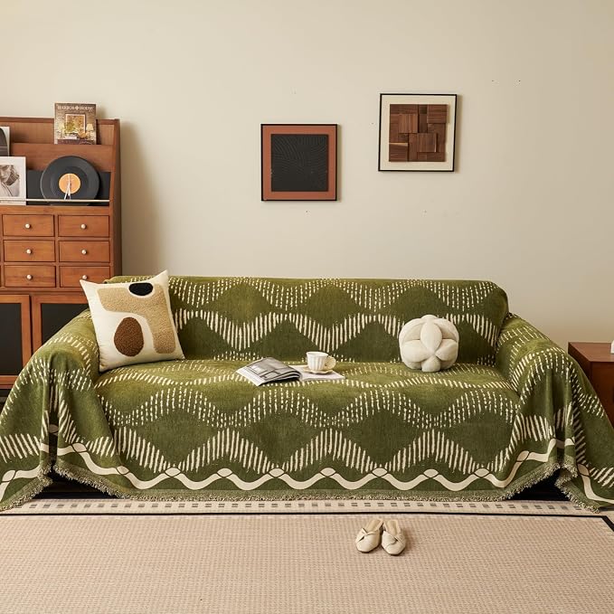 Green Geometric Couch Cover for 3 Cushion Sofa, Boho Reversible Couch Cover Sectional L Shape, Modern Home Decor Chenille Non Slip Washable Large Couch Protector for Dogs 71"x118" - Image 4