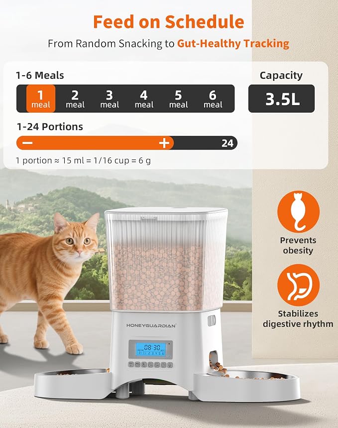HoneyGuaridan Automatic Cat Feeder for 2 Cats,Automatic Cat Food Dispenser,Timed Pet Feeder for Cats and Dogs,Desiccant Bag, Programmable Portion Control,10s Voice Recorder - Image 4
