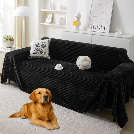 HAOMAIJIA Faux Fur Sofa Covers Couch Covers for 3 Cushion Couch Sofa Pet Friendly Soft Non Slip Couch Cover for Dogs Washable Sectional Couch Covers L Shape Furniture Protector (Black, 91"x150") by HAOMAIJIA