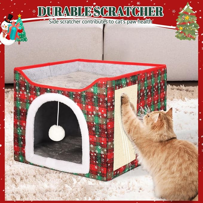 Heated Cat Bed for Indoor Cats, Foldable Cat House with Removable Heating Pad for Cats Small Dog Covered Cat Bed Cave Kitty Hideaway with with Scratch Pad, All Season Use - Image 6