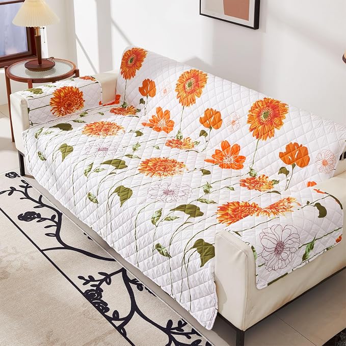 EVENHUG Sofa Cover for 3 Cushion Couch Sunflower Sofa Slipcover Washable 3 seat Couch Cover Furniture Protector Cover with Elastic Straps for Pets Kids Dog Cat (Sofa,Orange) - Image 2