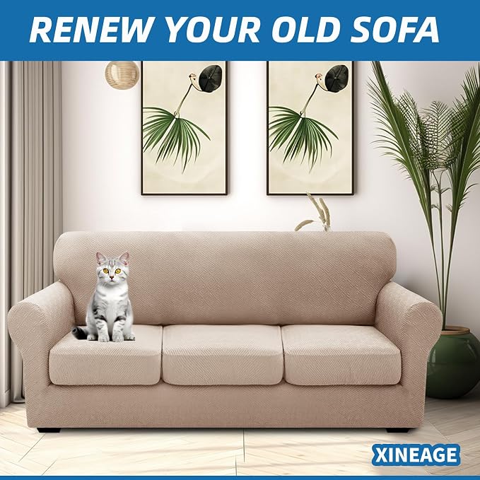 XINEAGE 2026 New 4 Pieces Couch Covers for 3 Cushion Couch Super Stretch Thick Soft Sofa Cover Anti Slip Sofa Slipcover Dogs Cats Furniture Protector (Khaki, 71"-91") - Image 4