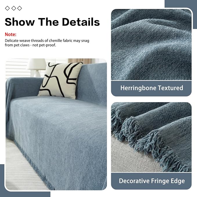 DREAMINGO Modern Minimalism Couch Cover for 3 Cushion Couch Sofa Greyish Blue 3 Seat Sectional Sofa Covers L Shape Couch Cover for Dogs Boho Herringbone Sofa Slipcover, 71"x134" - Image 3
