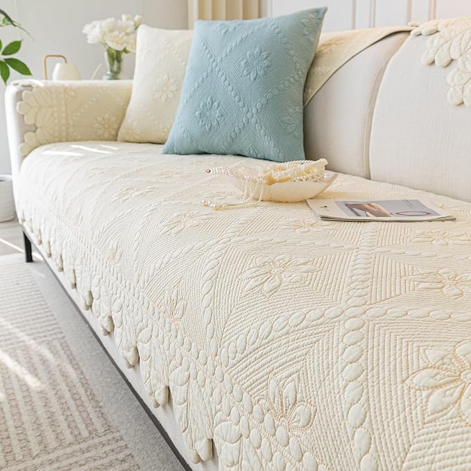 KRFOONN Cotton Quilted Dog Couch Cover for Sofa (Beige, 35.4" x 70.9") | Farmhouse Embroidery Sectional Couch Cover Washable, Soft Non Slip Sofa Slipcover Cushion Furniture Protector for Kids, Pets by KRFOONN