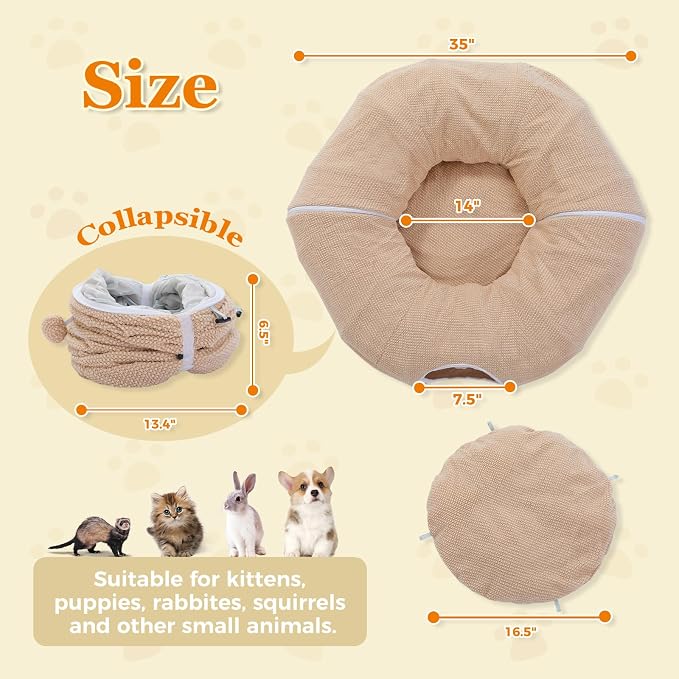 PEQULTI Cat Donut Tunnel with Bed for Indoor Cats, Cat Play Tunnel with Washable Soft Plush Mat, Round Tube Toys Cute Tube for Kittens, Puppies, Rabbits and Ferrets, Beige - Image 4