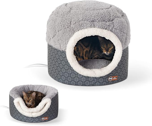 K&H Heated Cat Bed, Thermo-Pet Nest Indoor, Safety Listed, Small Gray, 4W | Removable Waterproof Cat Heating Pad, 2-in-1 Heated Pet Cave Tent & Cuddler Warming Bed, Machine Washable, 18x15in by KHPetProducts