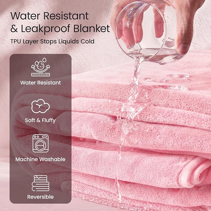 LOOBANI Waterproof Blanket for Bed Full/Queen, Reversible Leakproof 80"x90" | Soft Flannel & Coral Fleece Bed Blanket, Water Resistant for Couch Sofa Cover, Movie Nights, Camping, Pet-Friendly, Pink - Image 2