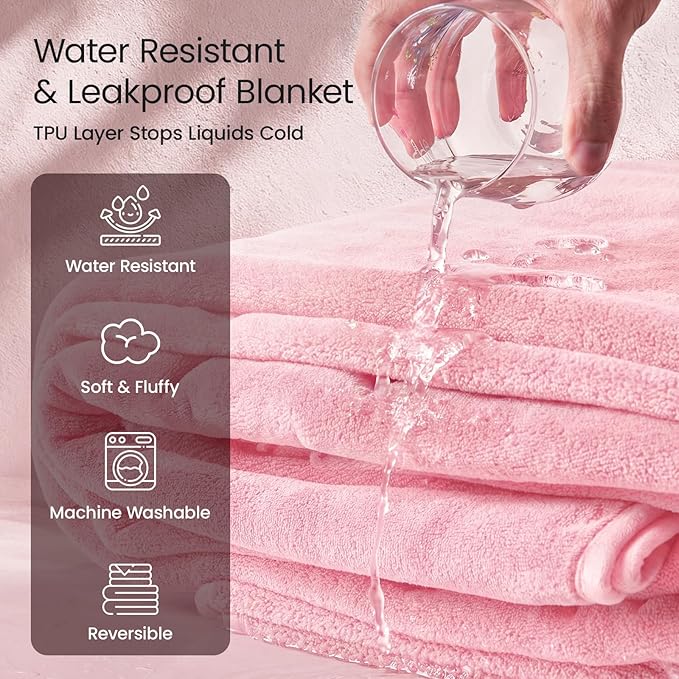 LOOBANI Waterproof Blanket for King Size Bed, Reversible Leakproof 85"x108" | Soft Flannel & Coral Fleece Bed Blanket, Water Resistant for Couch Sofa Cover, Movie Nights, Camping, Pet-Friendly, Pink - Image 2