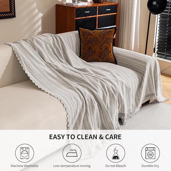 Couch Covers Non Slip Sofa Cover Washable, 2 Cushion Couch Slipcovers Loveseat Furniture Protector for Pets Kids, Chenille Strip Couch Throw Blankets with Tasselss 71"x118", Beige - Image 6