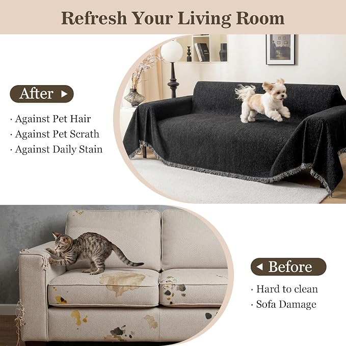 MEETSKY Washable Sofa Cover Black Sectional Couch Covers for 2 Cushion Couch Sofa Thick Universal Chenille Sofa Covers with Tassel Furniture Protector for Dogs, 71"x 102" - Image 4