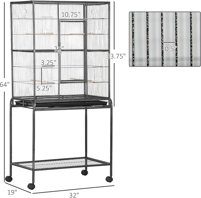 PawHut 30" Rolling Metal Bird Cage Feeder with Detachable Rolling Stand, Storage Shelf, Wood Perch & Food Container | Storage Shelf, Wood Perch, Food Container - Image 7