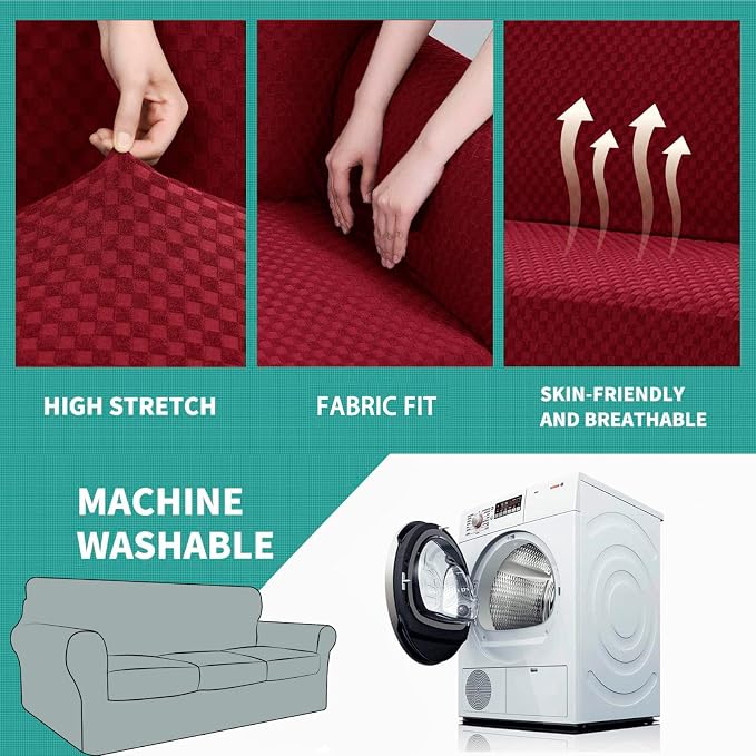 YEMYHOM Latest Checkered 4 Pieces Couch Covers for 3 Cushion Couch High Stretch Thickened Sofa Cover for Dogs Pets Elastic Slipcovers Living Room Furniture Protector (Wine Red), 71"-91"(3 Cushions) - Image 5