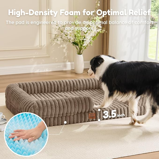 ChiXnuggle Faux Fur Orthopedic Dog Bolster Bed, Waterproof Washable Cover | rectangular dog sofa couch,egg crate foam,non-slip bottom,for extra large dogs,taupe,41*30*7 - Image 3