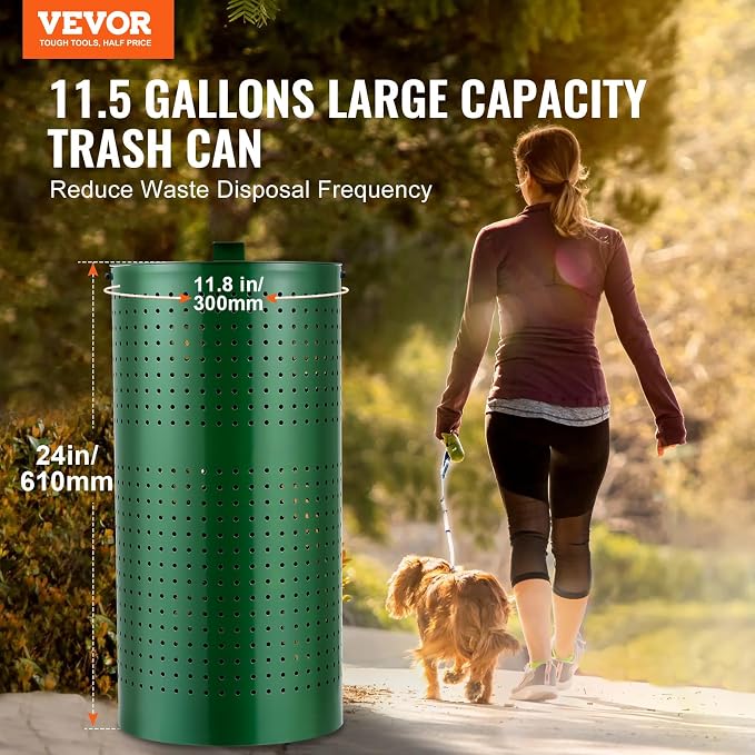 VEVOR Dog Poop Trash Can With 50 Liner Bags, 11.5 Gallons Outdoor Waste Bin With Lid & Liner Clip for Pet Waste Station, Disposal Container for Garden Backyard Park - Image 2