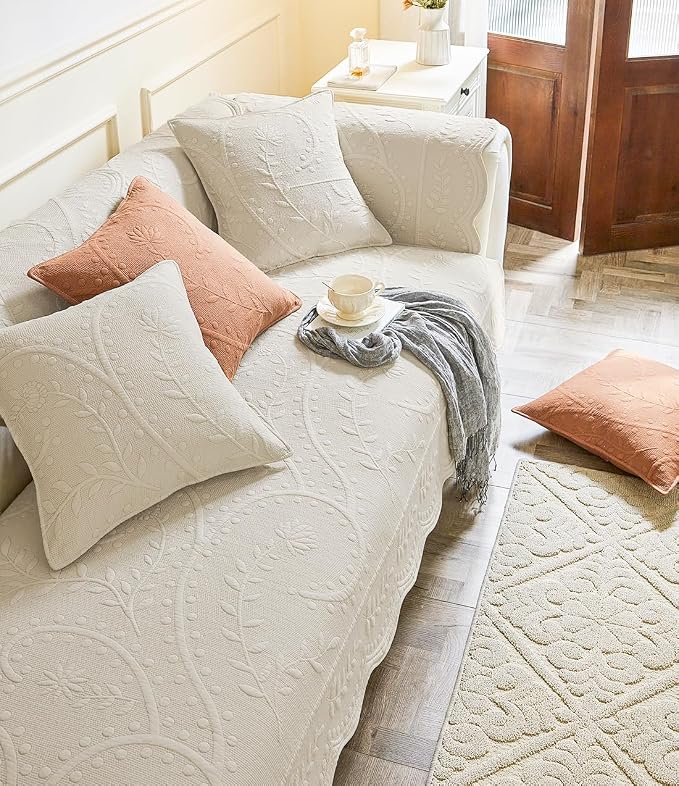 Leaf Floral Cotton Quilted Dog Couch Cover for Sofa Farmhouse Rustic Embroidered Sectional Couch Cover Soft Anti-Slip Sofa Slipcover Furniture Protector for Kids, Pets (Beige,43"x43") - Image 3