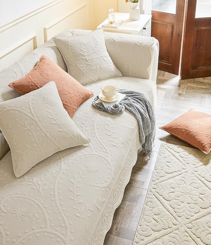 Leaf Floral Cotton Quilted Dog Couch Cover for Sofa Farmhouse Rustic Embroidered Sectional Couch Cover Soft Anti-Slip Sofa Slipcover Furniture Protector for Kids, Pets (Beige,43"x82") - Image 3