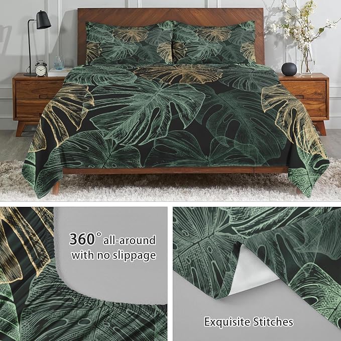 WeCozy Queen Size Bed Sheet Sets with Pillowcases, Green Golden Tropical 4 Pcs Soft Microfiber Bedding for Kids and Adults, Leaves Monstera Palm Flat, Fitted Sheet for Bedroom Bed Decor - Image 5