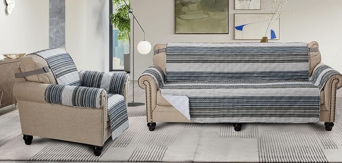 Brilliant Sunshine Multi Grey Stripes Loveseat Cover, 54" seat | Non Slip Sofa Cover, Quilted Furniture Protector, Large Washable Love Seat Slipcover for Pets, Dogs - Image 6