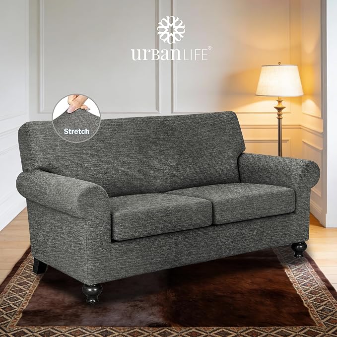 URBANLIFE 3-Piece Stretch Sofa Covers for 2 Cushion Couch, Gray | Super fitted spandex slipcovers for couches. Non-slip elastic bottom. Machine washable furniture protector for kids & pets. - Image 2