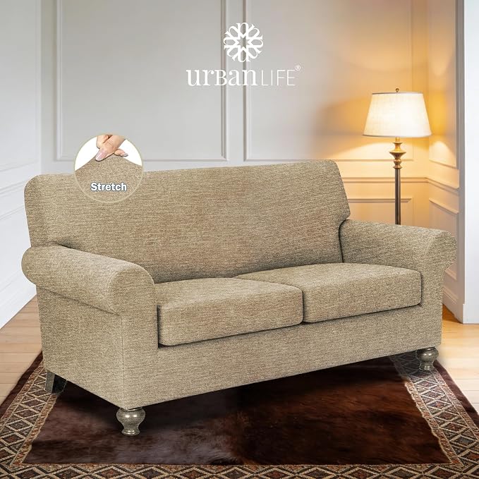 URBANLIFE 3-Piece Stretch Sofa Covers for 2 Cushion Couch, Coffee | Super fitted spandex slipcovers for couches. Non-slip elastic bottom. Machine washable furniture protector for kids & pets. - Image 2