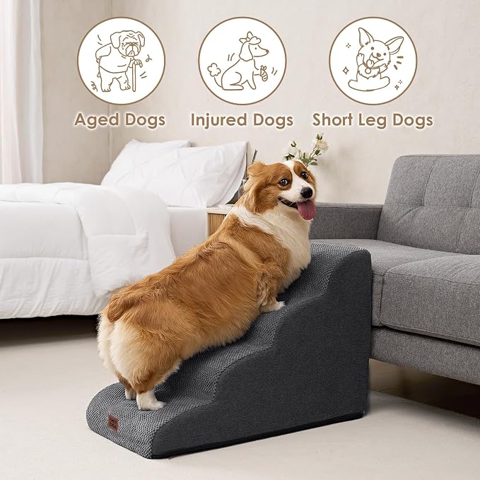 EHEYCIGA Curved Dog Stairs Ramp for High Beds 19.7" H, 4-Step Dog Steps for Small Dogs and Cats, Pet Stairs for High Bed Climbing, Non-Slip Balanced Pet Step Indoor, Grey - Image 4