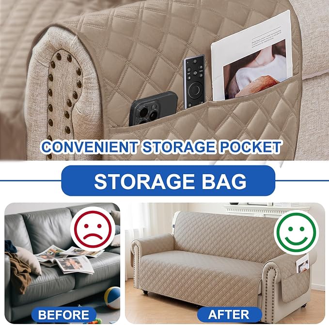 Waterproof Couch Cover for Pets Large, Sofa Covers for 3 Cushion Couch Washable, Non Slip Couch Covers for Dogs with Side Pockets, Quilted Couch Covers (Oversized Sofa, Light Brown) - Image 5