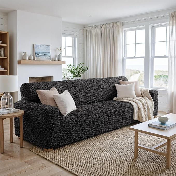 PAULTO BY GA.I.CO. Stretch Sofa Slipcovers – Soft Elastic Fabric Couch Cover for Armchair Loveseat 3-Seater & 4-Seater Sofa Cover – Non-Slip Furniture Protector Washable - Black (86"-120" Wide) - Image 2