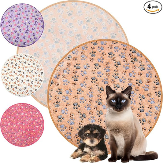 Tatuo 4 Pack Fleece Dog Blankets for Puppy Cats Multi-Size Sleep Mat for Pet Guinea Pig Soft Washable Warm Crate Bed Puppy Teething Toys Print Pattern Blanket Indoor(Mixed Color,Diameter 29 Inch,Paw) by Tatuo