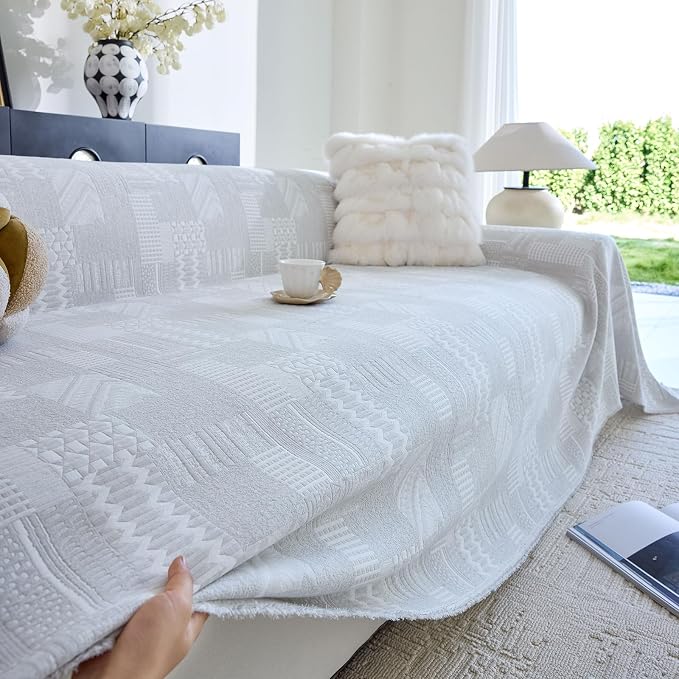 DREAMINGO Vintage Patchwork 3-Layer Gauze Geometric Jacquard Sofa Cover, Farmhouse Couch Cover Blanket for 3 Seater, Living Room Washable Furniture Protector, Cream Grey, 91"x150" - Image 3