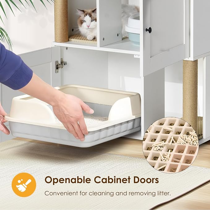 Garvee Cat Litter Box Enclosure for 2 Cats, Double Hidden Litter Box Furniture Cabinet with 2 Scratch Mat and Scratch Post, Modern Farmhouse Wooden Enclosed Cat Washroom, End Side Table - Image 6