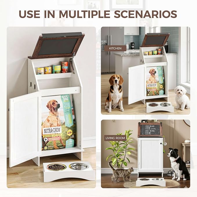 FIMELLO Dog Feeding Station with Storage, Dog Food Cabinet with 2 Hidden Feeding Bowls, Flip-Top Pet Storage Cabinet, Pet Food Holder, White Grain - Image 9