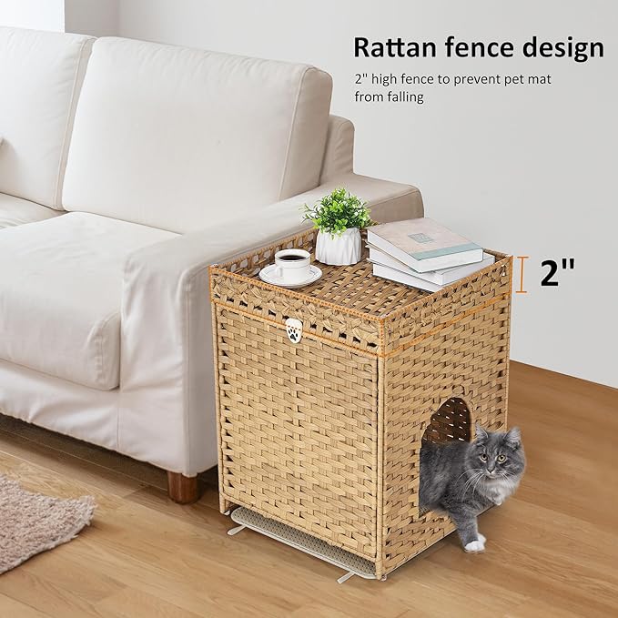 Cat Litter Box Enclosure with Door, Hidden Cat Washroom Furniture | Handwoven PP Wicker; Soft Litter Mat Included; Spacious Interior; Furniture-Style Design; Indoor Home Décor - Image 3