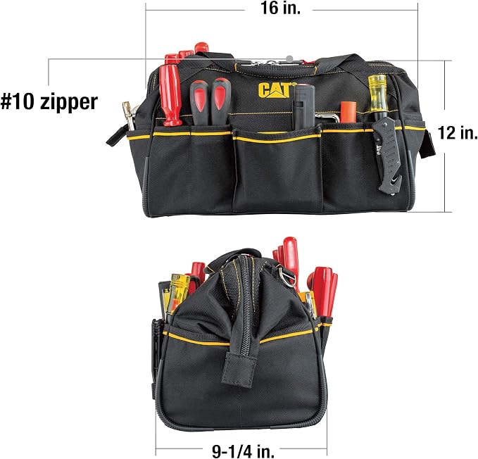 CAT 16-Inch Pro Wide Mouth Tool Bag, 14 Pockets for Tool Storage and Organization, Premium 1680D Water-Resistant Polyester Weave, Adjustable Shoulder Strap - 980206N - Image 4